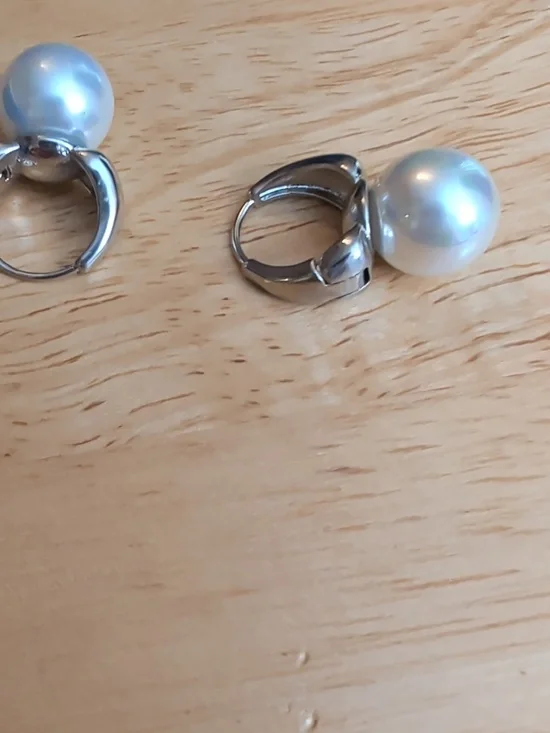 Pearl Drop Hoop Earrings - White Pearl Silver Tone - Picture 2 of 4